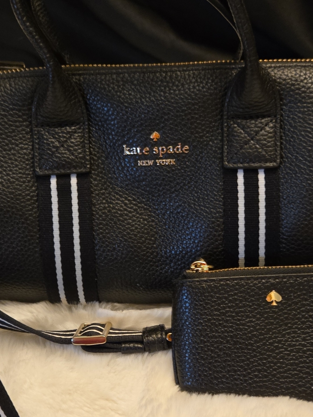 kate spade Black Pebbled Leather Crossbody with Striped Webbing and Gold Accents